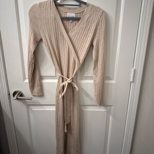 Beige Ribbed Knit Wrap Dress